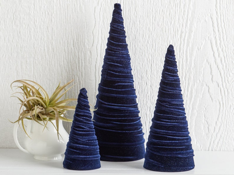 Velvet Cones Set of 3 Navy, Wedding Centerpiece, Minimalist Mantel Decor, Blue Christmas Decor, Tablescape Décor, Holiday Entryway, image 4
