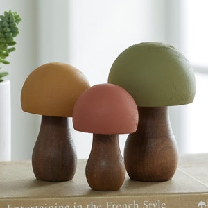 Wood Mushrooms, set of 3, yellow orange, custom colors, charming nature inspired gift, cottagecore, wooden mushrooms, whimsy, home decor