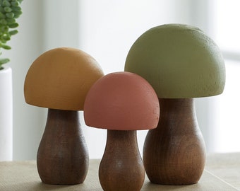 Wood Mushrooms, set of 3, yellow orange, custom colors, charming nature inspired gift, cottagecore, wooden mushrooms, whimsy, home decor