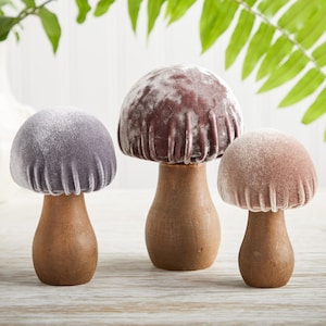 Neutral Velvet Mushrooms, set of 3, charming nature inspired gift, cottagecore, wooden mushrooms, wood figure, charming, whimsy home decor