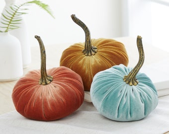 SMALL velvet pumpkins with stems set of 3, sage green and gold wedding centerpiece for tables, orange pumpkin decor, best gifts for new