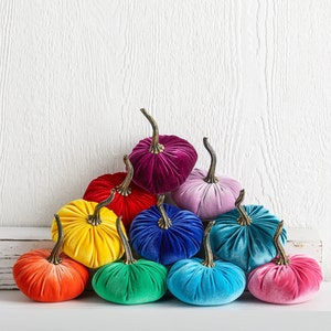 SMALL Rainbow Velvet Pumpkins Set of 10, Eclectic Home Decor, Colorful Centerpiece for Table, LGBT Wedding Decor, Bold Modern Mantel Decor image 1