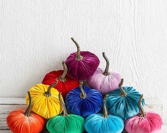 SMALL Rainbow Velvet Pumpkins Set of 10, Eclectic Home Decor, Colorful Centerpiece for Table, LGBT Wedding Decor, Bold Modern Mantel Decor