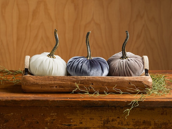 Small Velvet Pumpkins & Rustic Wood Tray with Handles, cozy gift pumpkin tray decor for coffee table, neutral farmhouse decor living room