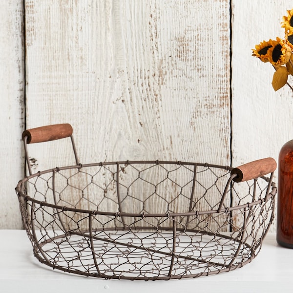 Panier tressé en fil de métal, panier en grillage, centre de table, panier en fil de fer rustique, chic de ferme, organisateur de cuisine, panier de rangement