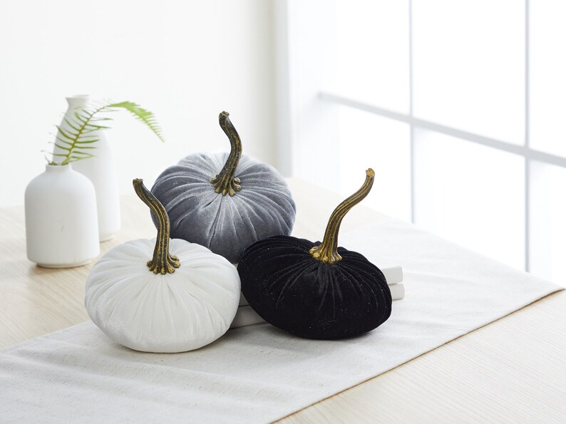 Small Velvet Pumpkins set of 3, barn wedding centerpiece, modern rustic wedding decor, mantle decor, autumn decor, best selling item image 3