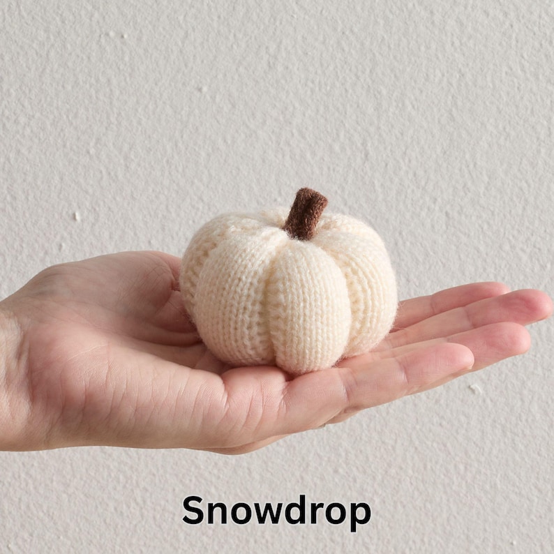 May include: A small, cream-colored knitted pumpkin with a brown stem. The pumpkin is held in a hand, and the word "Snowdrop" is written in black at the bottom of the image.