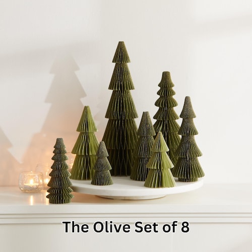 Juego de 8 árboles de papel de nido de abeja en color oliva, decoración para repisa de Navidad de inspiración vintage, centro de mesa nostálgico, bordes brillantes, árboles festivos plegables.
