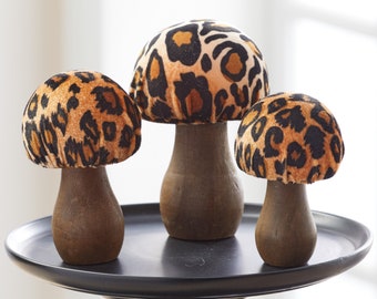 Velvet mushrooms set of 3, safari mushroom decor, trendy mushroom leopard tiered tray decor, mushroom gift for women, whimsical cottagecore