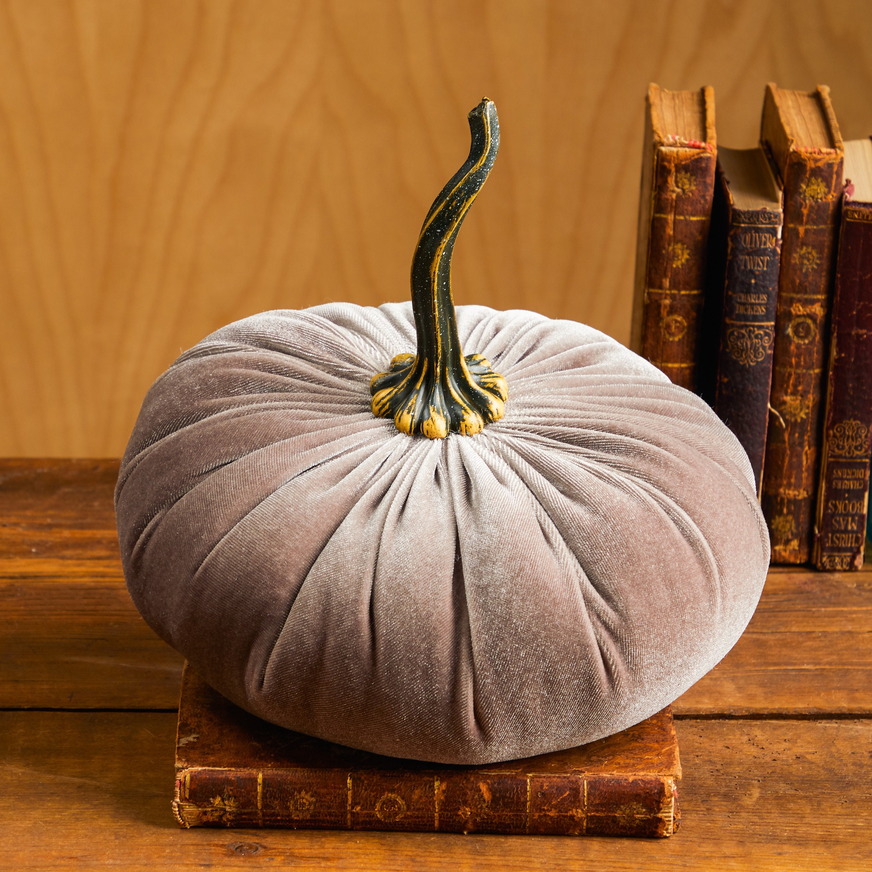 Velvet Pumpkin with Real Pumpkin Stems-Stone Taupe