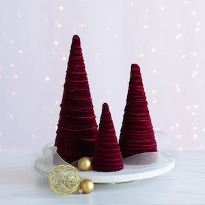 Burgundy velvet cones set of 3, Valentines decorations for home, velvet trees, gothic wedding decor, modern mantel decor year round, best