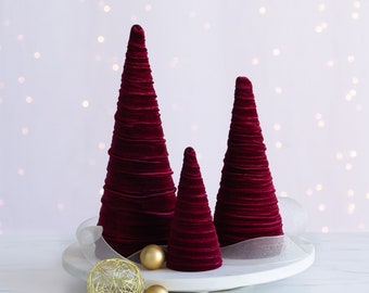 Burgundy velvet cones set of 3, Valentines decorations for home, velvet trees, gothic wedding decor, modern mantel decor year round, best