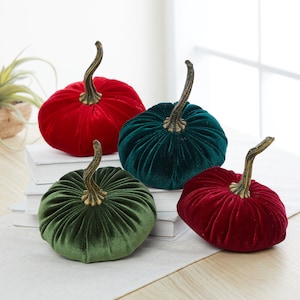 SMALL velvet pumpkins set of 4, olive green decor, burgundy pumpkin decor, emerald green centerpiece for table, jewel tone wedding, gift for
