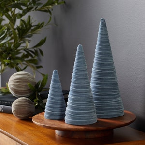 Slate Blue velvet cones set of 3, everyday mantel, nursery boy, Christmas tablescape, wedding centerpiece, modern farmhouse, tabletop tree