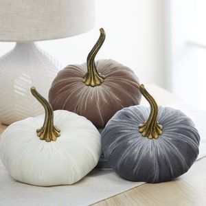 LARGE velvet pumpkins set of 3, taupe decor, elegant fall centerpiece for wedding, gray pumpkin arrangement, neutral farmhouse decor, white image 3