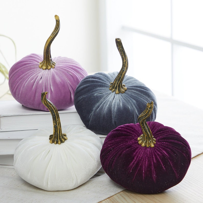 SMALL velvet pumpkins set of 4, lavender pumpkin decor, gray pumpkin plum decor, aesthetic bookshelf decor, white pumpkin centerpiece for image 1