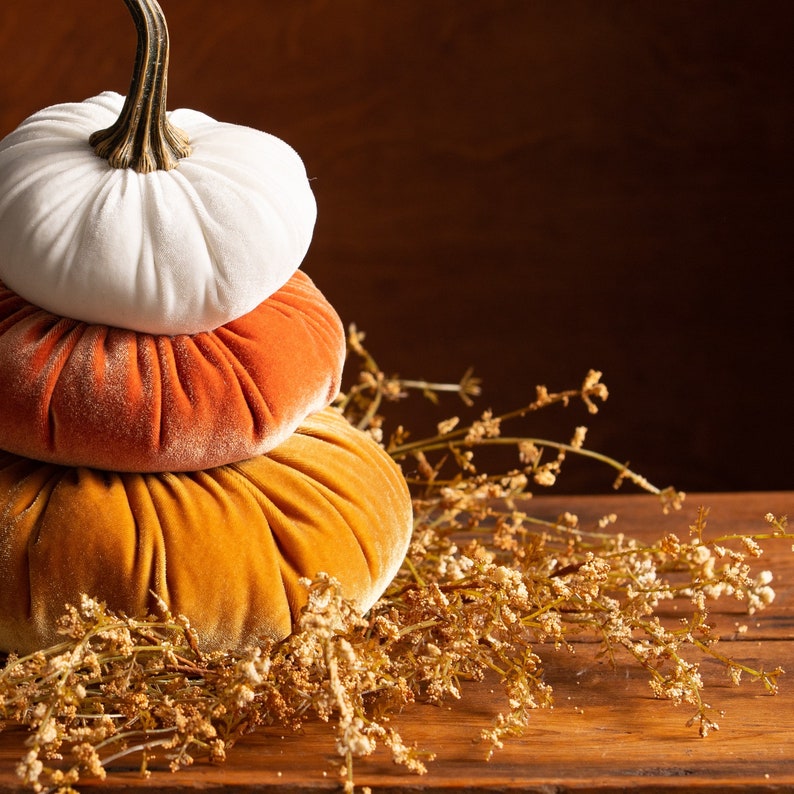 Stacked Velvet Pumpkins, Home Decor Accessories, Table Centerpiece, Home Decor Trends, Fall Wedding Centerpiece, Seasonal Mantle Decor image 2