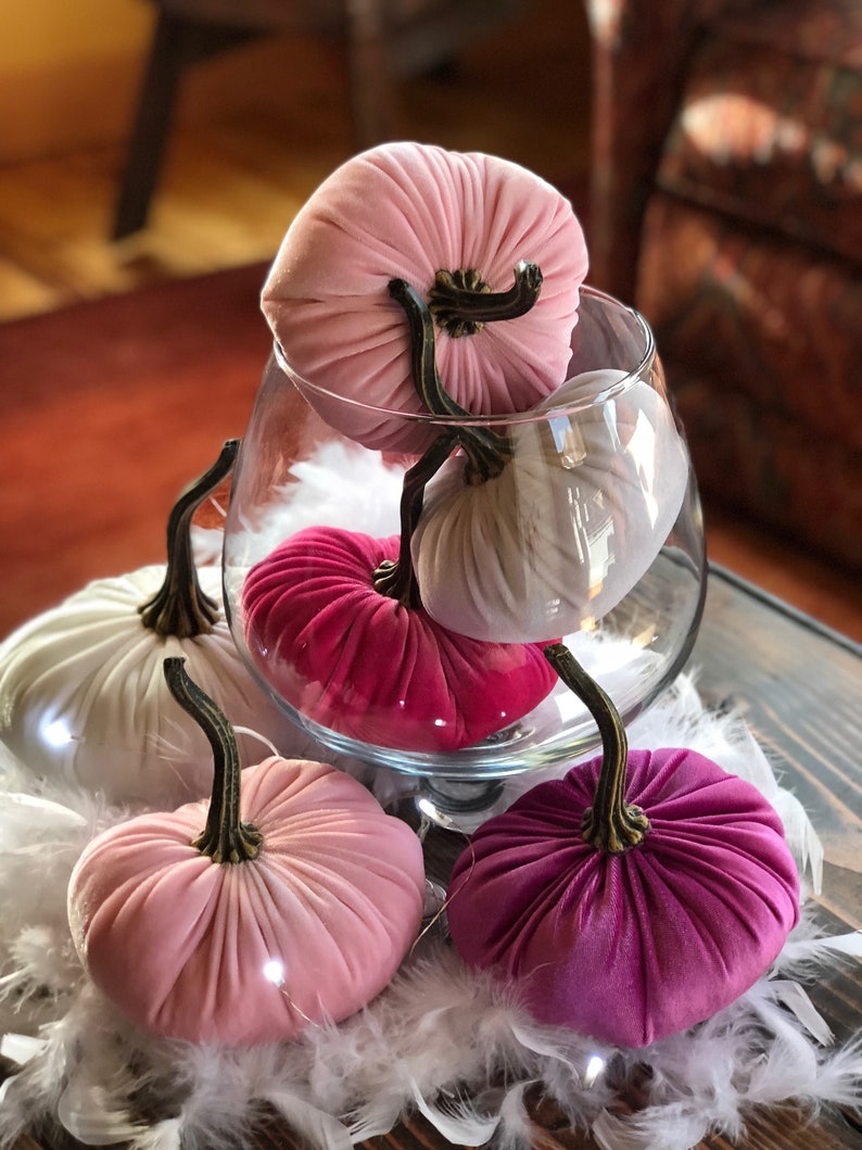 SMALL Pink Velvet Pumpkins Set of 4, Pink Pumpkin Bowl Fillers for Spring, Baby Girl Baby Shower Decorations, Hot Pink Nursery image 4