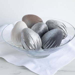 Velvet Eggs set of 6 Metallic Silver, spring decor, vase filler, table centerpiece, tiered tray decor, vintage kitchen, modern spring decor