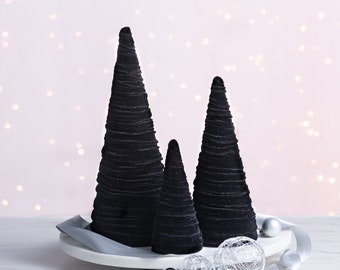 Black velvet cones set of 3, everyday mantel décor, black and white, Christmas tablescape, wedding centerpiece, modern farmhouse, best