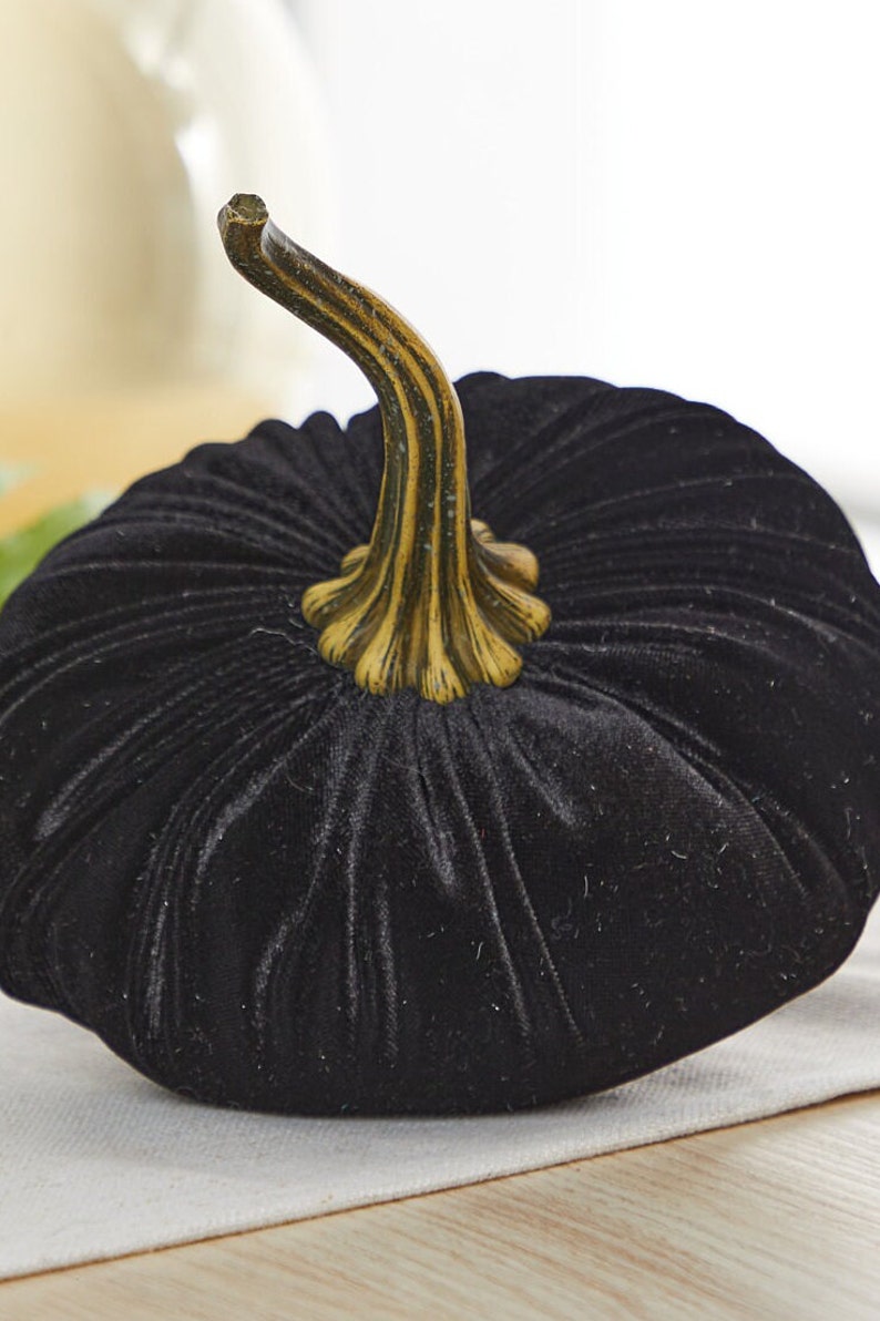 May include: A black velvet pumpkin with a gold stem. The pumpkin is sitting on a white surface.