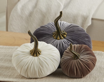 Velvet Pumpkins Set of 3 Different Sizes, fall mantel, wedding centerpiece, Thanksgiving Mantle Decor (Gray, Ivory, Taupe)