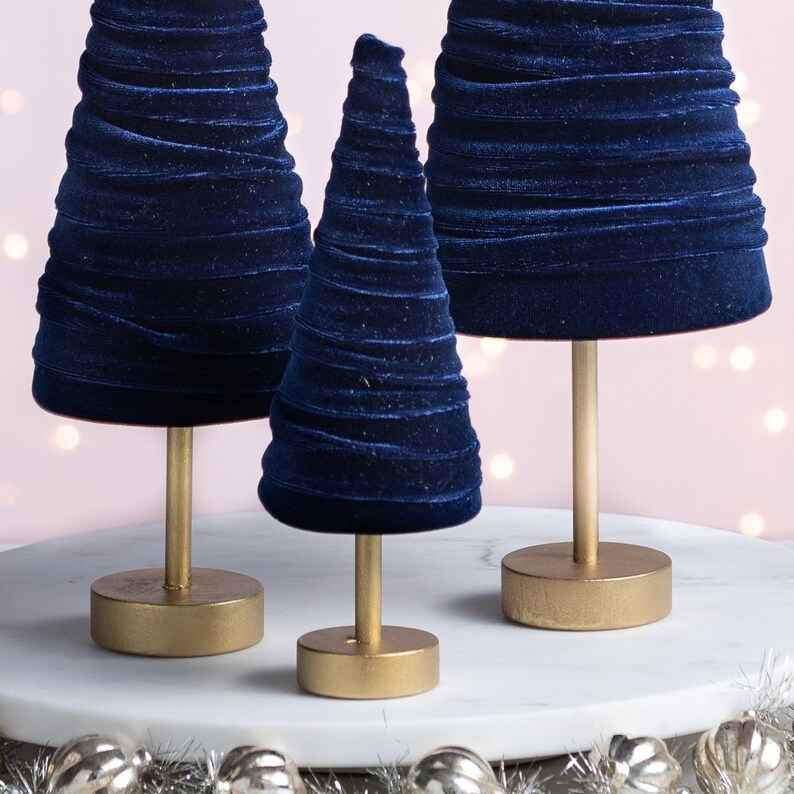 Navy pedestal velvet cones set of 3, everyday mantel décor, blue Christmas tablescape, wedding centerpiece, modern farmhouse, patriot decor image 3