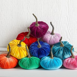 SMALL Rainbow Velvet Pumpkins Set of 10, Eclectic Home Decor, Colorful Centerpiece for Table, LGBT Wedding Decor, Bold Modern Mantel Decor image 10