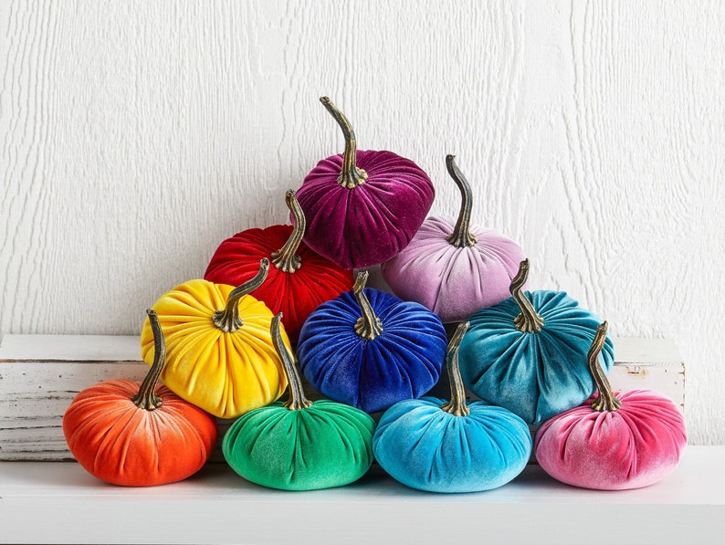 SMALL Rainbow Velvet Pumpkins Set of 10, Eclectic Home Decor, Colorful Centerpiece for Table, LGBT Wedding Decor, Bold Modern Mantel Decor image 10