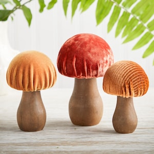 Warm Rust Velvet Mushrooms, set of 3, charming nature inspired gift, cottagecore, wooden mushrooms, wood figure, charming, whimsy home decor