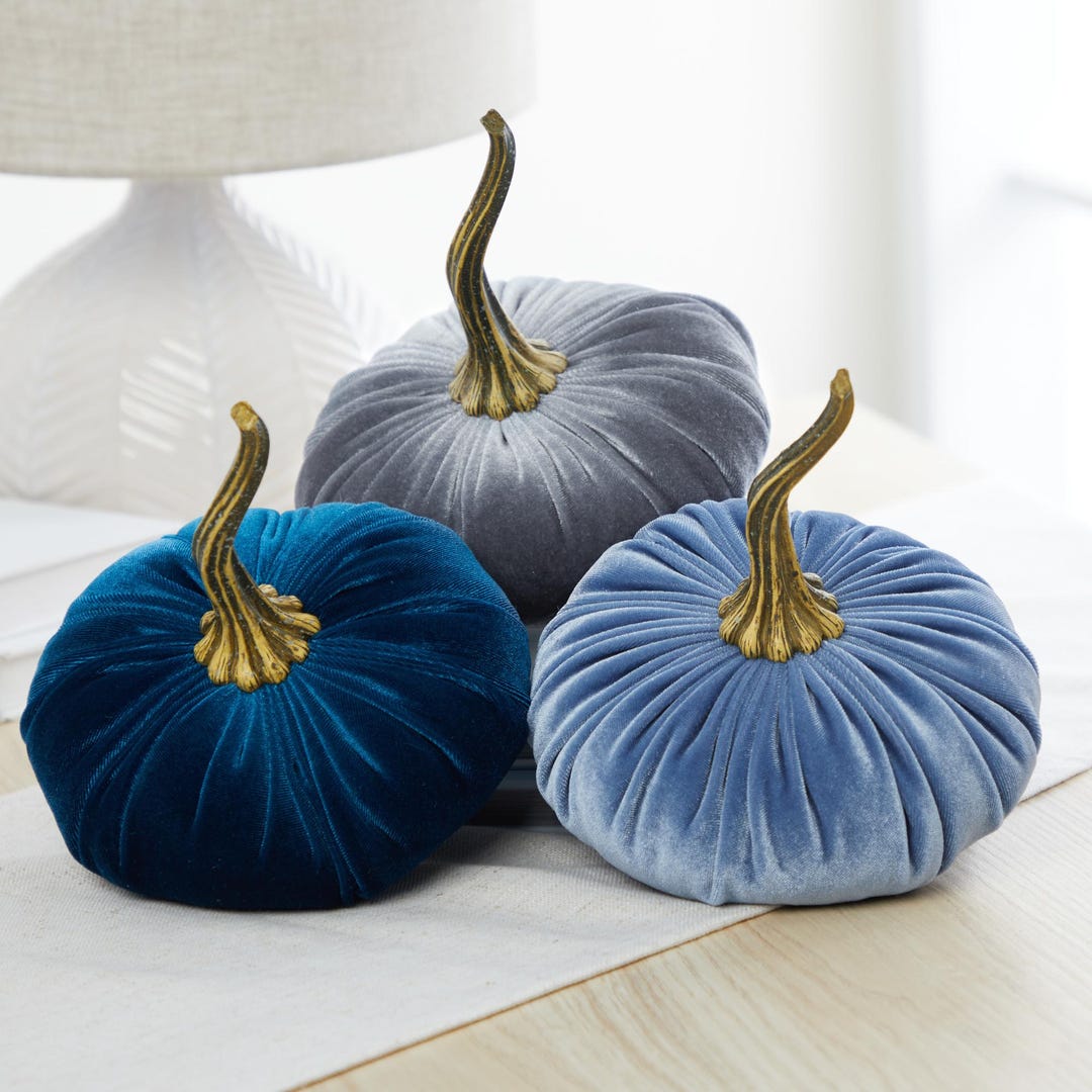 Large Velvet Pumpkins Set of 3, Baby Blue Nursery Handmade Decor ...