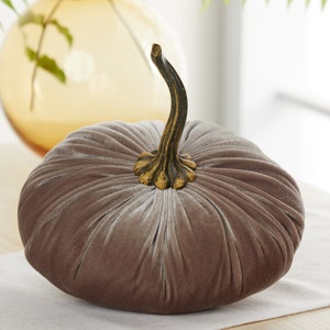 Extra Large Velvet Pumpkin Taupe, fall velvet pumpkin home decor, neutral autumn mantel decor for Thanksgiving, farmhouse rustic decor
