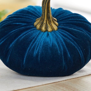 May include: A teal blue velvet pumpkin with a gold stem. The pumpkin is a decorative item for fall and autumn.