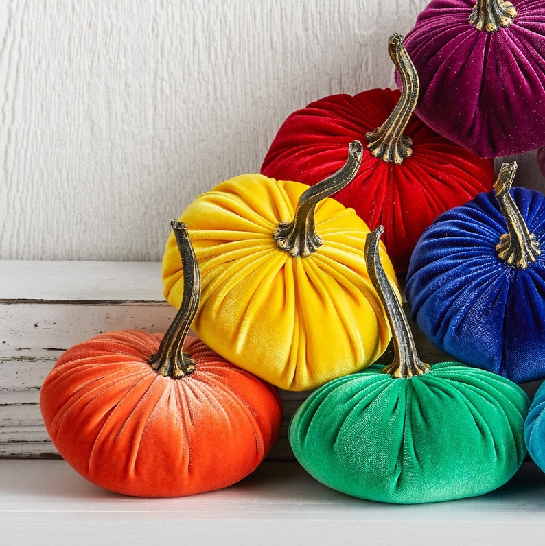 SMALL Rainbow Velvet Pumpkins Set of 10, Eclectic Home Decor, Colorful Centerpiece for Table, LGBT Wedding Decor, Bold Modern Mantel Decor image 4