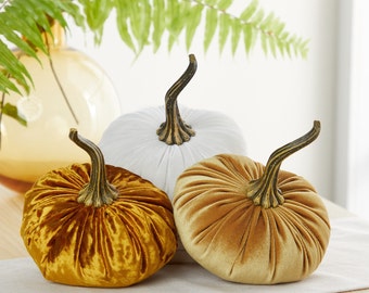 Large Velvet Pumpkins Set of 3, modern rustic wedding decor, farmhouse mantle, glam centerpiece, cozy home decoration, best selling item