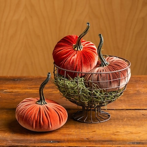 SMALL orange pumpkins & wire pedestal bowl table centerpiece for kitchen table, bronze pumpkins, fall mantle decor, autumn, hostess gift