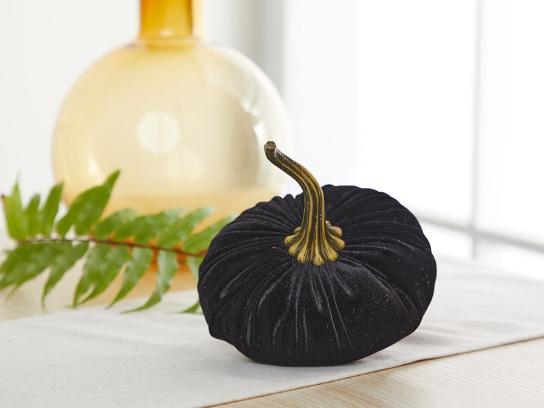 May include: A black velvet pumpkin with a gold stem. The pumpkin is sitting on a white surface.