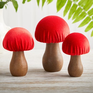 Crimson Velvet Mushrooms, set of 3, charming nature inspired gift, cottagecore, wooden mushrooms, wood figure, charming, whimsy, home decor