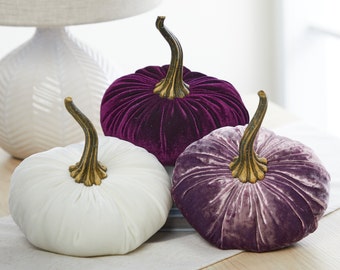 LARGE velvet pumpkins set of 3, white pumpkin centerpiece, cozy gifts for women, purple pumpkin baby shower decor, new apartment gift for