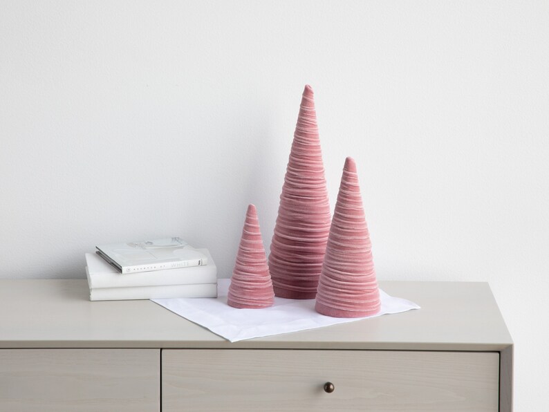 Blush pink velvet cones set of 3, coquette room decor aesthetic shelf decor for nursery, cute home accessories for Mom, Mother's day gifts image 6