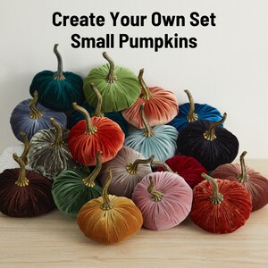 May include: A set of 15 velvet pumpkins in various colors, including teal, green, red, gray, blue, black, and brown. The pumpkins are arranged in a pile on a wooden surface. The text "Create Your Own Set Small Pumpkins" is displayed above the pumpkins.