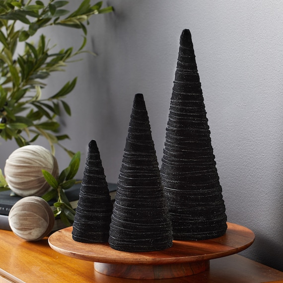 黒のベルベットのツリー3個セット、黒と白のマントルピースの装飾