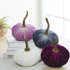 SMALL velvet pumpkins set of 4, lavender pumpkin decor, gray pumpkin plum decor, aesthetic bookshelf decor, white pumpkin centerpiece for image 2