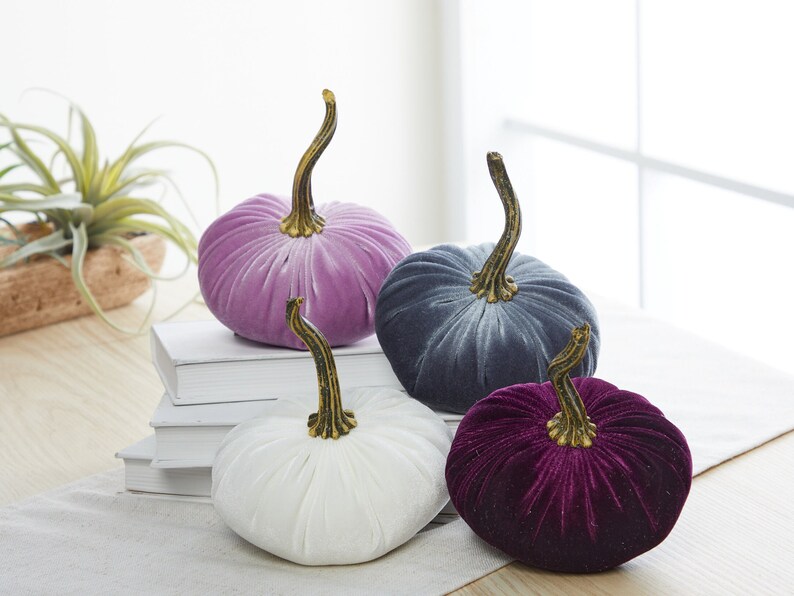 SMALL velvet pumpkins set of 4, lavender pumpkin decor, gray pumpkin plum decor, aesthetic bookshelf decor, white pumpkin centerpiece for image 2