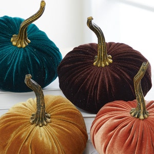 SMALL Velvet Pumpkins Set of 4, orange pumpkin decor, cozy gifts for women, gold pumpkin aesthetic fall mantel decor, autumn mantel decor image 4