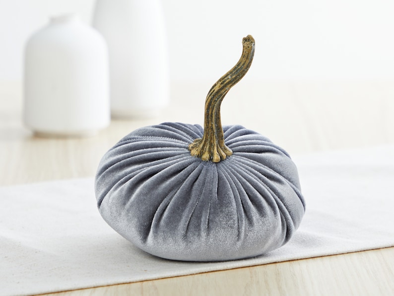 SMALL velvet pumpkins set of 4, lavender pumpkin decor, gray pumpkin plum decor, aesthetic bookshelf decor, white pumpkin centerpiece for image 6