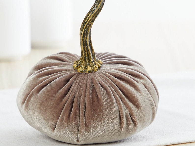 Custom SMALL velvet pumpkins with stems set of 4, taupe decor, neutral farmhouse bowl fillers, year round mantel decor, cozy gift for her image 8