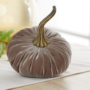 May include: A plush velvet pumpkin with a gold-colored stem. The pumpkin is a light brown color and has a soft, velvety texture.