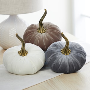 May include: Three plush pumpkins in white, brown, and gray, each with a gold-colored stem. The pumpkins are arranged on a light-colored surface, suggesting a fall or harvest theme. The pumpkins are approximately 6 inches in diameter.