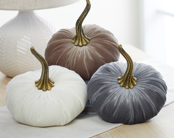 LARGE velvet pumpkins set of 3, taupe decor, elegant fall centerpiece for wedding, gray pumpkin arrangement, neutral farmhouse decor, white